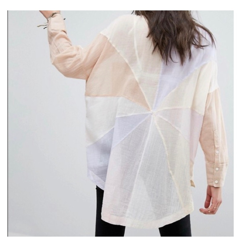 Free People Pastel Rainbow Rays Patchwork Pinwheel Button Front Top Blouse XS z0